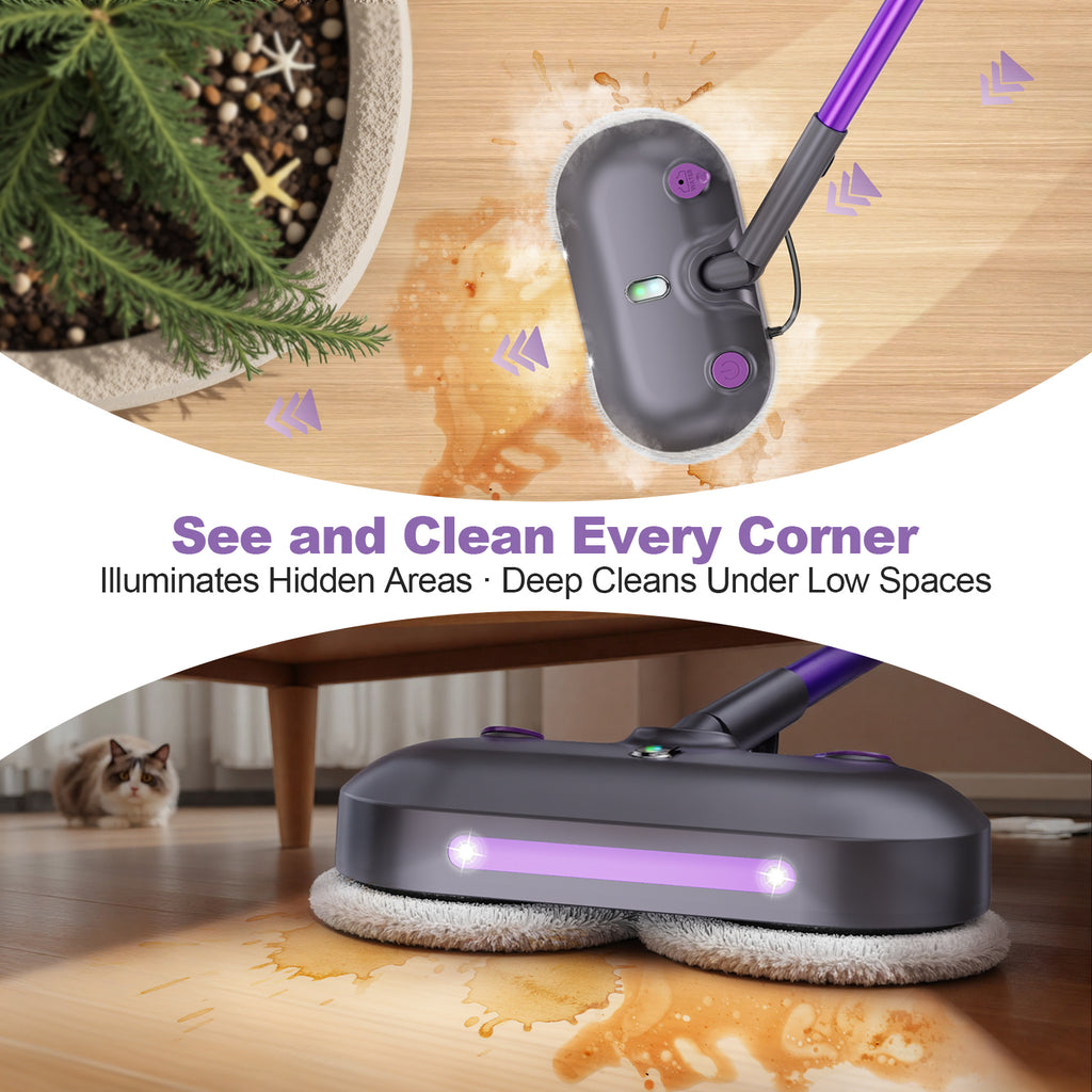 Vperac F6 Scrubbing Steam Mop with Rotating Pads, Lightweight Spin Steam Mop for Home, 23FT Cord, LED Headlights, Self-Standing & Washable Pads, Mop for Hard Floor/Laminate/Marble
