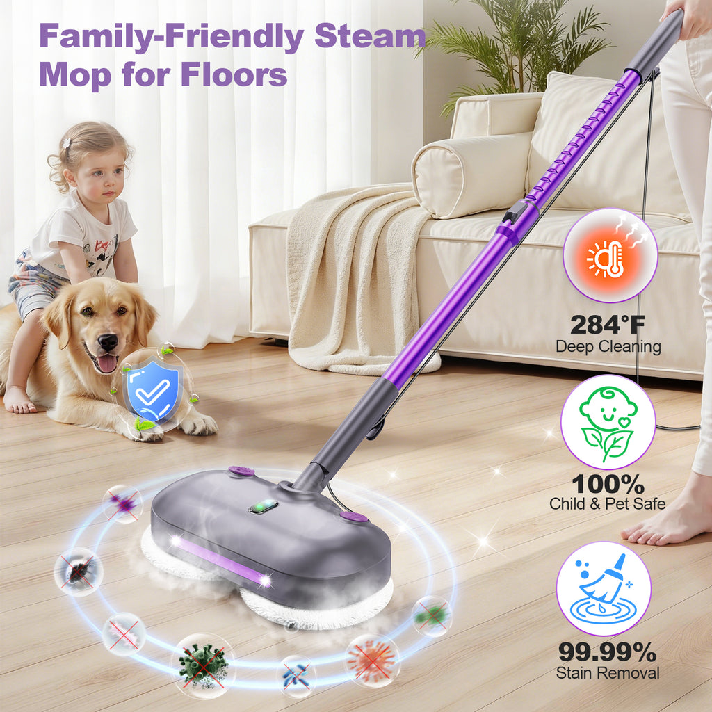 Vperac F6 Scrubbing Steam Mop with Rotating Pads, Lightweight Spin Steam Mop for Home, 23FT Cord, LED Headlights, Self-Standing & Washable Pads, Mop for Hard Floor/Laminate/Marble