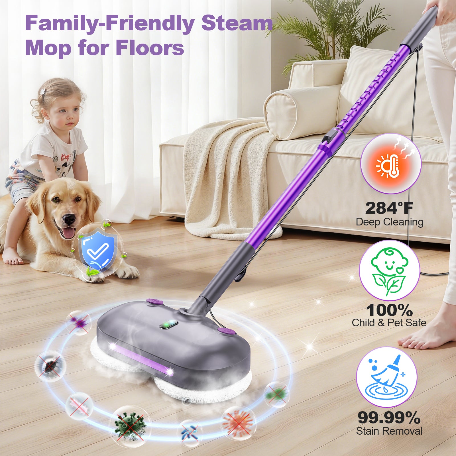 Vperac F6 Scrubbing Steam Mop with Rotating Pads, Lightweight Spin Steam Mop for Home, 23FT Cord, LED Headlights, Self-Standing & Washable Pads, Mop for Hard Floor/Laminate/Marble
